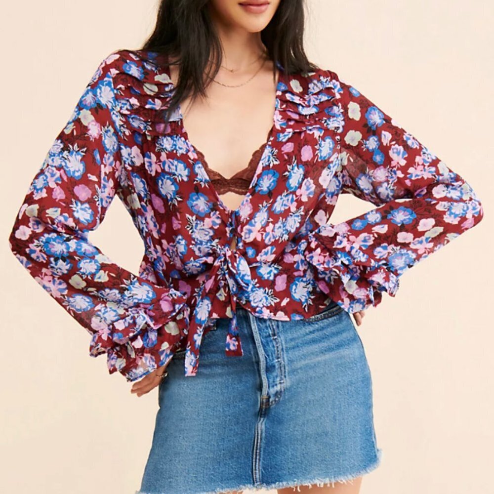 Free People Maybel Ruffle Tie Front Blouse Top in Shiraz Combo NWT Large